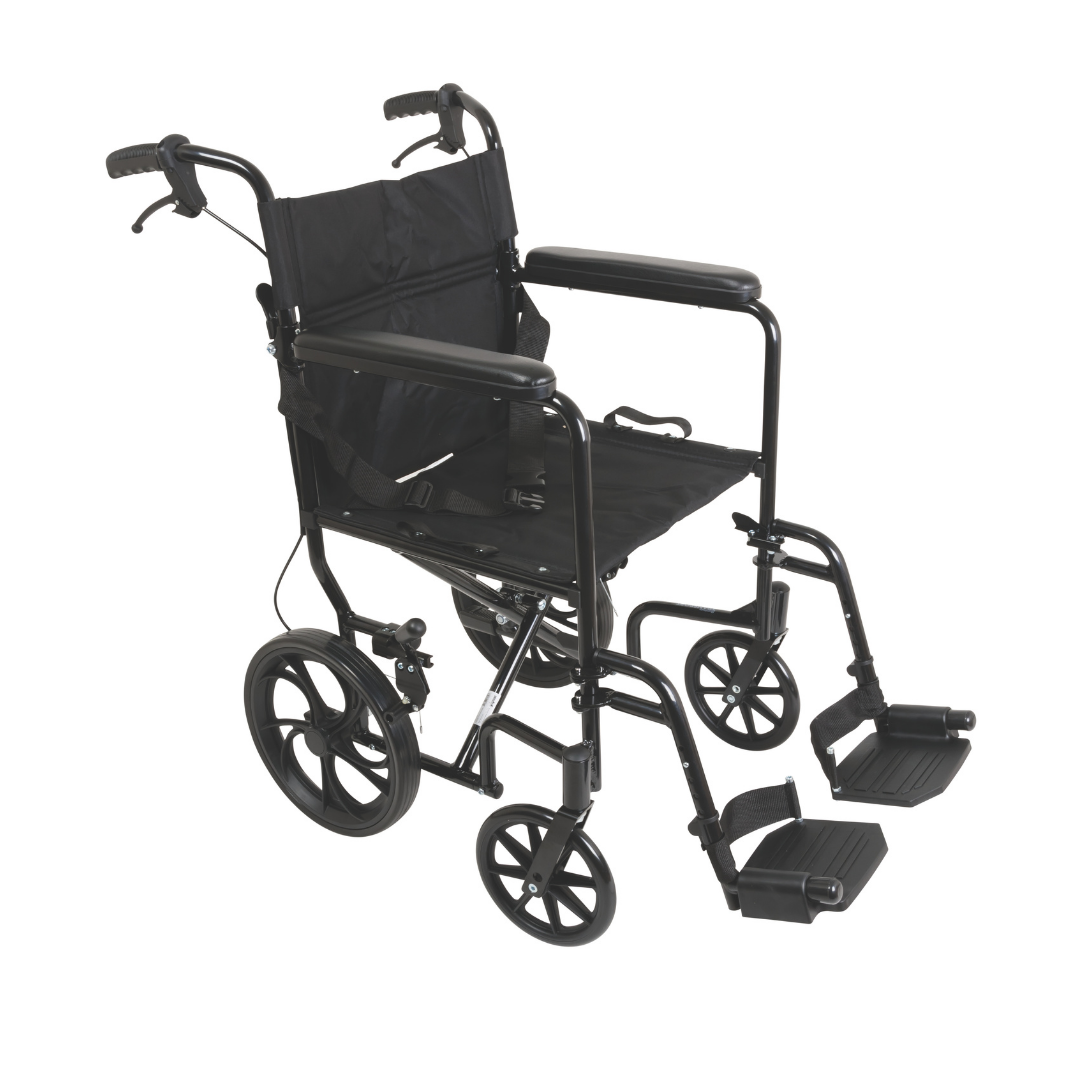 The ProBasics Aluminum Transport Chair with 12-Inch Wheels features footrests and companion-activated hand brakes, offering effortless mobility and easy transport in a lightweight design.